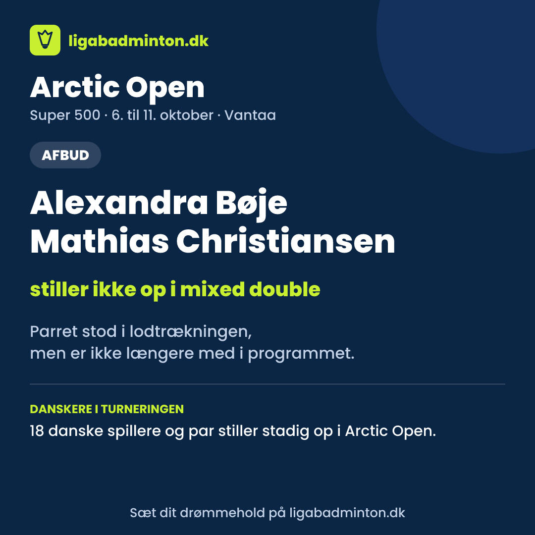 Alexandra Bøje og Mathias Christiansen stiller ikke op i Arctic Open 2026